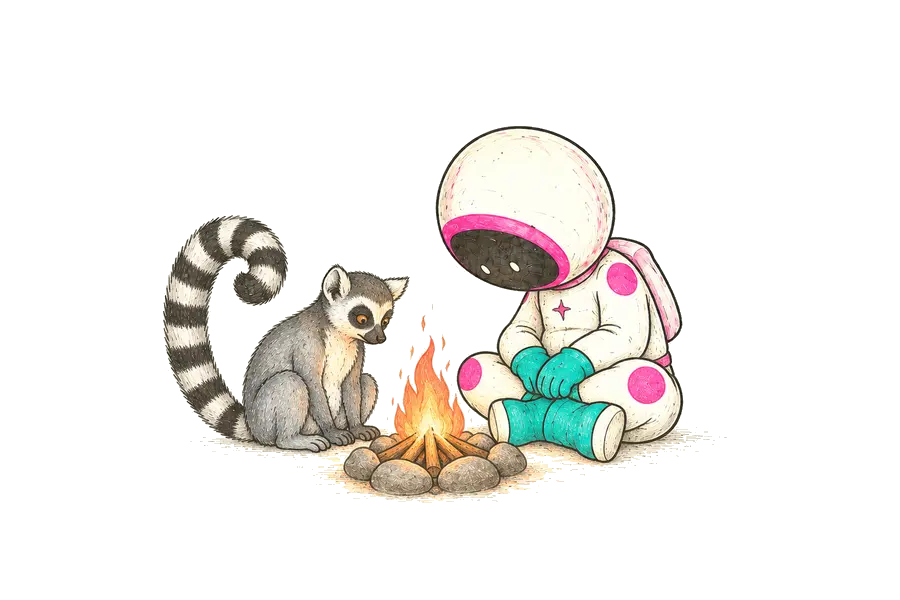 The pink-and-teal astronaut and a ring-tailed lemur sharing a little campfire.