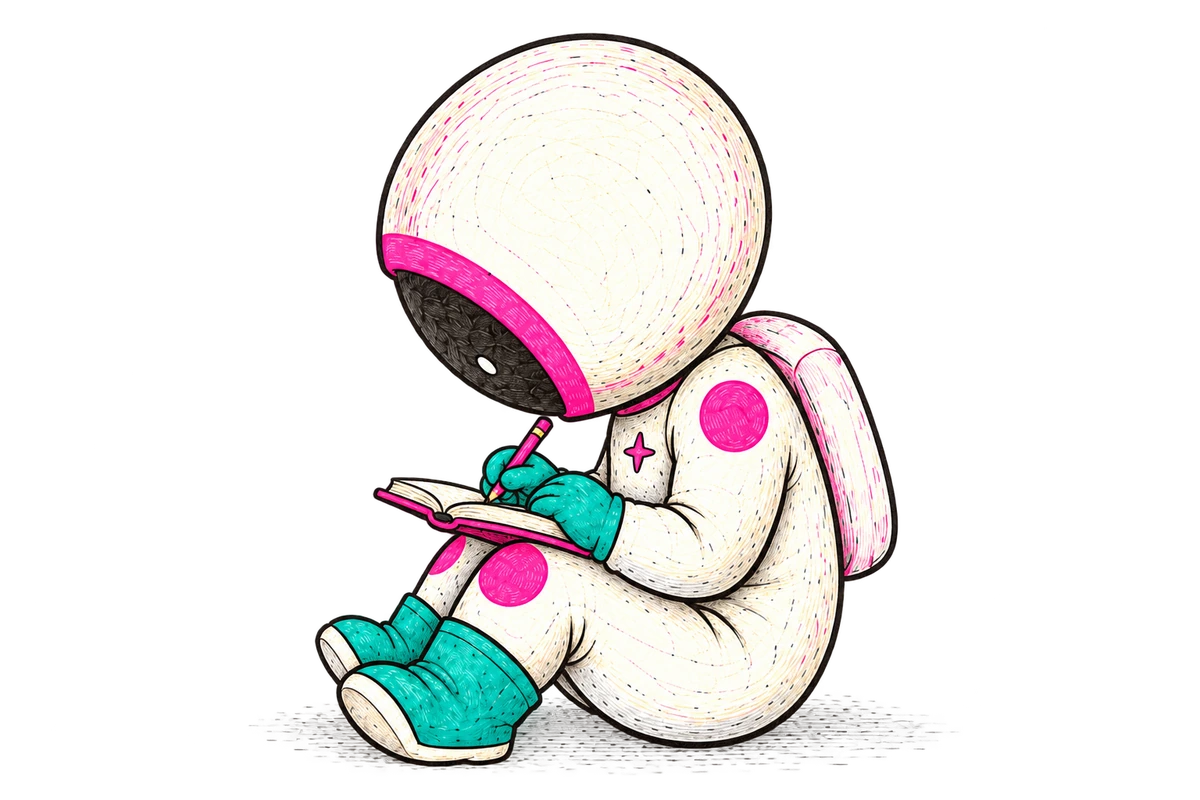 A pink-and-teal astronaut concentrating on writing in a notebook.